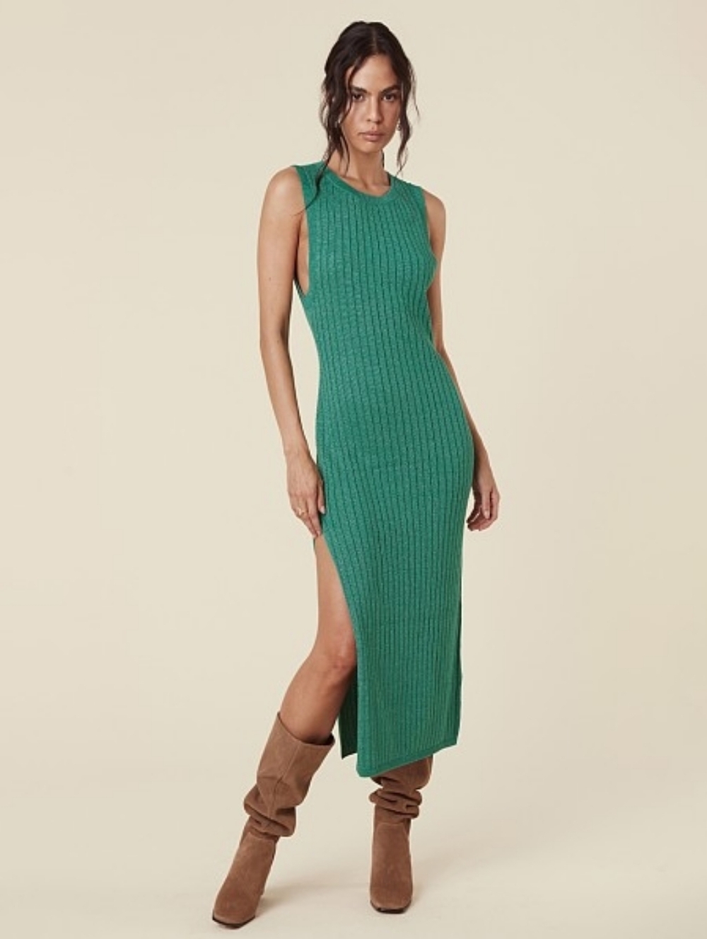 Spell Sleeveless Metalllic Emerald Ribbed Maxi Dress W Slide Slit S